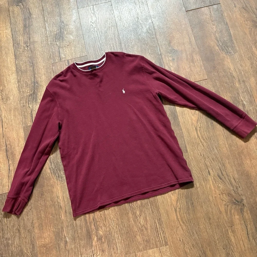 Polo thermal waffle knit long sleeve top burgundy with white around collar